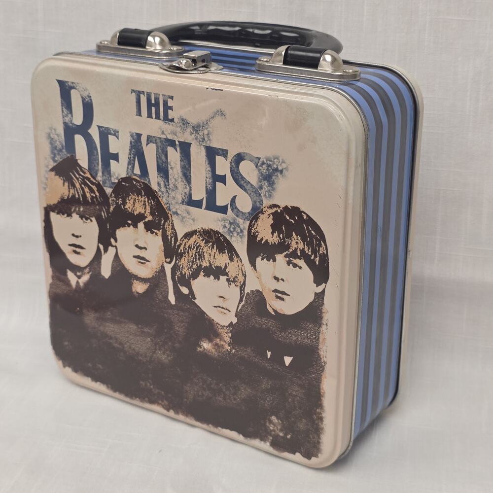 The Beatles Metal Lunch Box Tin Blue Striped Retro Collectible Storage Case